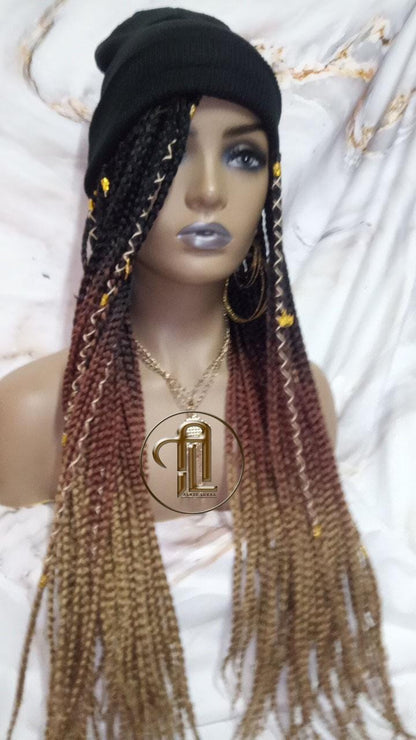 Beanie Hat Black Brown Blonde Ombre Box Braid Boho Style Long Hat Beanie Braided Hat Winter fall fashion Cap Wig Hat Chemo Hat Alopecia