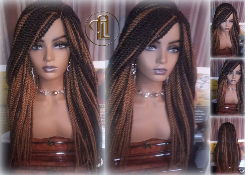 Straight Senegalese Twist Wig Brown Blonde 22' Unique and Rare Long Alopecia Natural Small Twist Crochet Braided Braiding