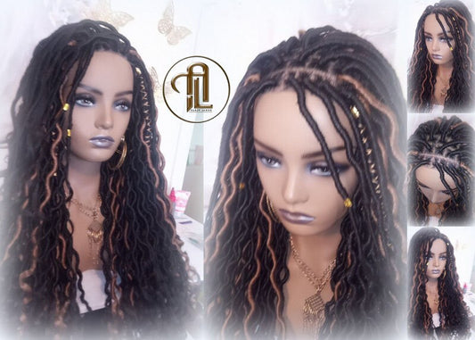 Bohemian Goddess Faux Loc Wig 4x4 Lace Closure No Baby Hairs Dread Wig Wavy Black Dreads Honey Blonde 27 Synthetic Nu Goth Marley Dred Lock
