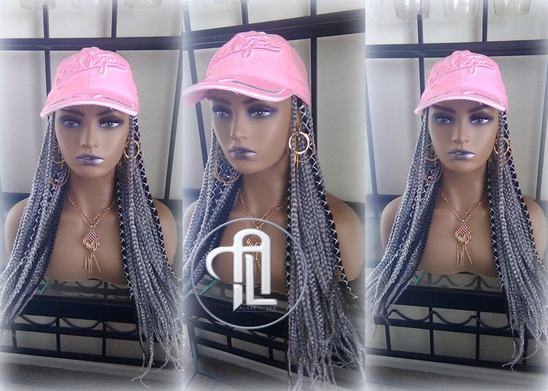 Silver Grey Black Box Braid Hat Wig  Gym Hat Baseball Cap Braided Hat Wig Women Hair Summer Winter Hat Hair Cap Wig Hat Chemo Hat Alopecia