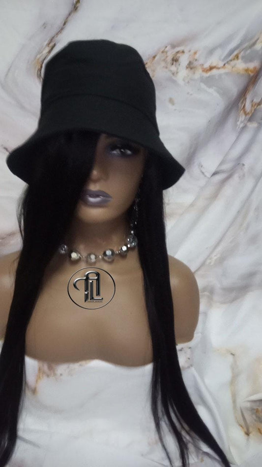 Bucket Hat Human Hair Black Straight Hair Alopecia Chemo Hair Thinning Fisherman Hat Long Human Hair protective style Easy to wear
