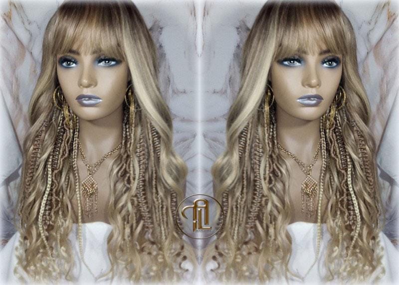 Dread Braid Bangs Full Wig Twist Soft Crochet Boho Synthetic Dread Braid Bohemian Dark Root Ombre Brown Blonde Long Wavy Curly Balayage Wig