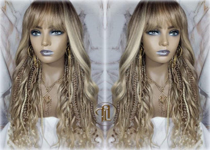 Dread Braid Bangs Full Wig Twist Soft Crochet Boho Synthetic Dread Braid Bohemian Dark Root Ombre Brown Blonde Long Wavy Curly Balayage Wig