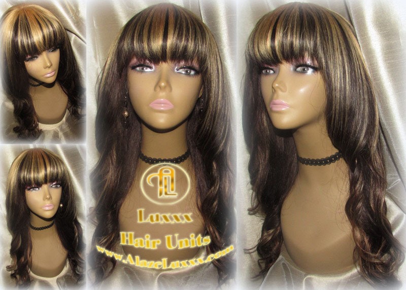 China Chinese Bang Virgin Hair Unit Wig Brown Honey Blonde Ombre Straight Hair Highlights Balayage Brown 27  dark roots Alopecia Wig Stylist
