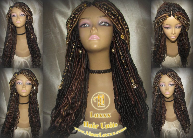 Brown Long Wavy Goddess Faux Locs Blonde Honey 30 33 27 Hair Gypsy Bohemian Boho Dread Loc 27 DE SE Dred Lock  Braided Wigs Festival Hair