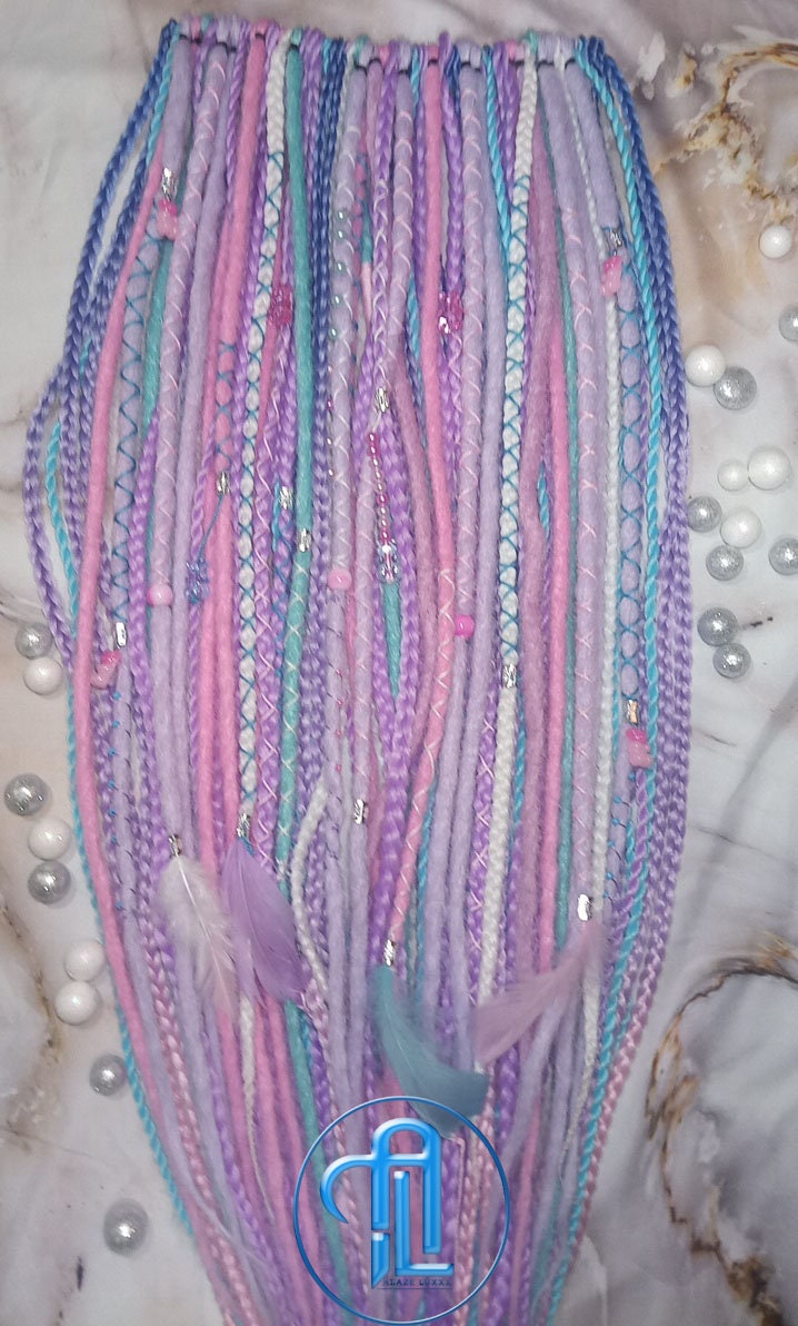 Purple Unicorn Cotton Candy Single Ended SE Set Crochet Boho Dread Braid Extensions Kawaii Festival Hair Teddy Bear Charms Hair Pink Blue