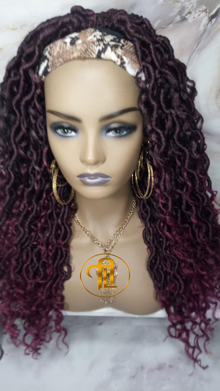 Headband Wig Mix Burgundy Black Ombre River Boho Loc Wig Goddess Faux Locs Gypsy Bohemian Curly Waterfall Hair Curly Ends