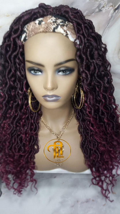 Headband Wig Mix Burgundy Black Ombre River Boho Loc Wig Goddess Faux Locs Gypsy Bohemian Curly Waterfall Hair Curly Ends