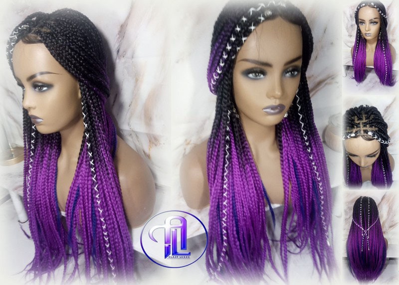Box Braids Ombre Black Purple Blue Mermaid Gradient Braid Wig 24 Inch Long Synthetic Braiding Hair Extension