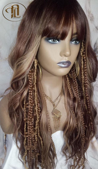 Full Wig Dread Braid Bangs Twist Soft Crochet Boho Synthetic Dread Braid Bohemian Dark Root Ombre Brown Blonde Long Wavy Curly Balayage Wig