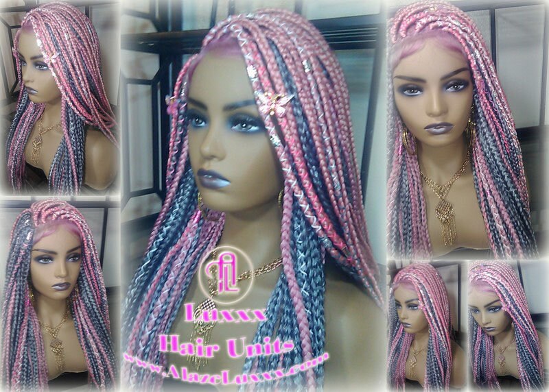 Pink Grey Mermaid Wig Box Braids braided Synthetic hair Lace Baby hair Light Pink wig pink extensions stage hair gypsy Boho Butterfly