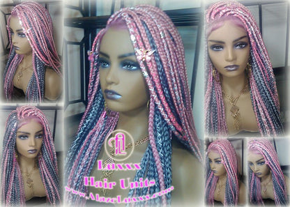 Pink Grey Mermaid Wig Box Braids braided Synthetic hair Lace Baby hair Light Pink wig pink extensions stage hair gypsy Boho Butterfly