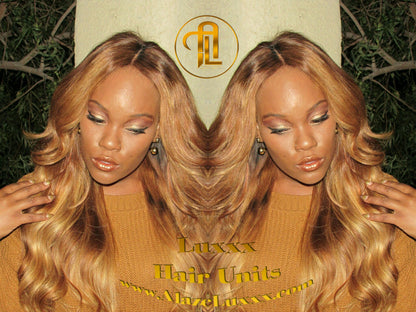 Custom Order 4 Bundle add Ear to  Ear Lace Frontal Honey Blonde Auburn 27/30 Dark Roots Ombre 24 In' Long  Custom Color