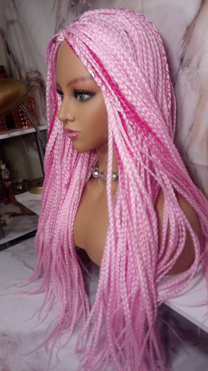 Light Pink Hot Pink Mermaid Princess Wig Box Braids braided Synthetic hair Lace Part Wig Light Pink wig extensions stage hair wig Barbie