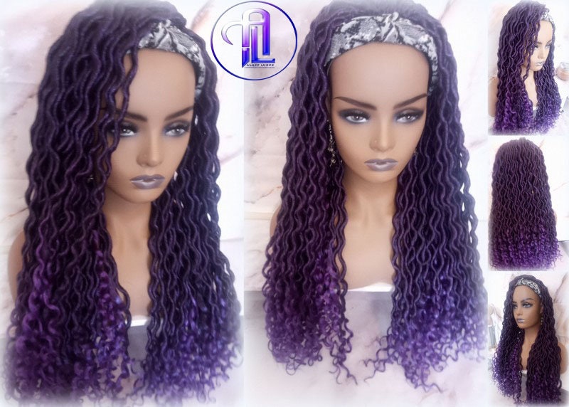 Headband Wig Viking Ombre Goddess Boho Locs  Black Purple Faux Locs Crochet Synthetic Dread Curly Ends Braided Hair Fall