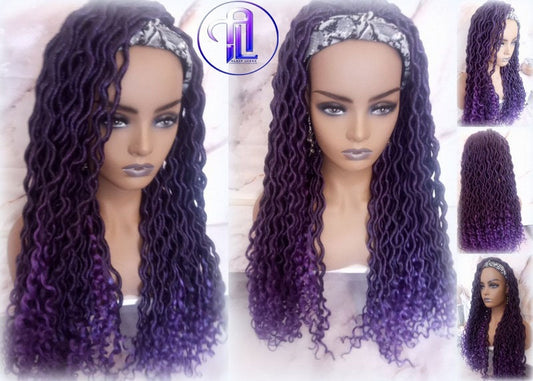 Headband Wig Viking Ombre Goddess Boho Locs  Black Purple Faux Locs Crochet Synthetic Dread Curly Ends Braided Hair Fall