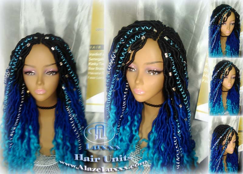 Goddess Faux Locs Blue Ombre curly long wig synthetic dreads crochet braids Mermaid Hair Drag Queen Cosplay Wig Carnival Festival Hair