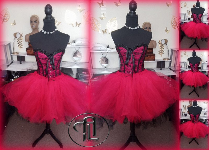 Valentines Day Dress Skirt Corset Outfit Red Black Hi Low Skirt Harley Quinn Hearts Cupid Ready to Ship