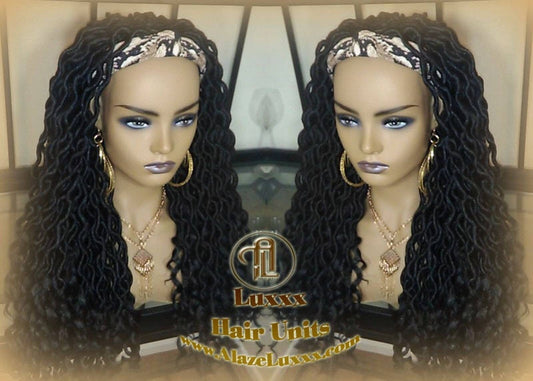 Headband Wig Black 1B Goddess Faux Loc Bohemian Boho Braided Wig