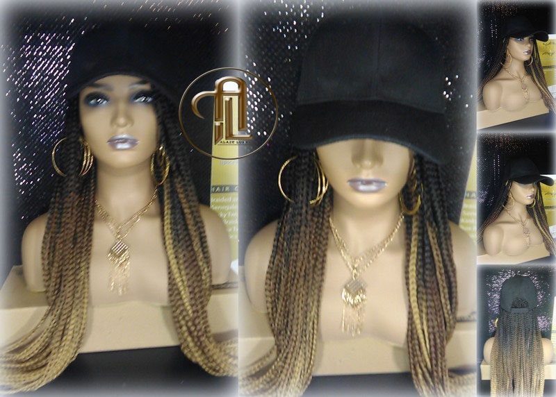 Brown Blonde Ombre Box Braid Hat Wig  Gym Hat Baseball Cap  Braided Hat Wig Women Hair Summer Winter Hat Hair Cap Wig Hat Chemo Hat Alopecia