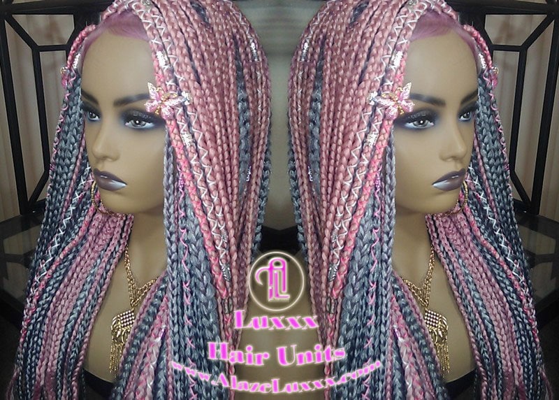 Pink Grey Mermaid Wig Box Braids braided Synthetic hair Lace Baby hair Light Pink wig pink extensions stage hair gypsy Boho Butterfly