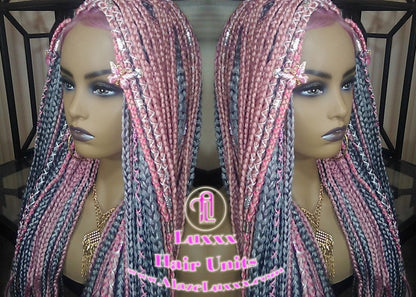 Pink Grey Mermaid Wig Box Braids braided Synthetic hair Lace Baby hair Light Pink wig pink extensions stage hair gypsy Boho Butterfly