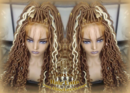 Honey Platinum Blonde Goddess Faux Gypsy Bohemian Boho  Loc Wig Blonde #613 #27 Wavy  Lace Closure DE SE Dred  Blonde Crochet Braided Wigs