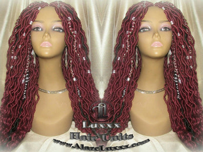 Rich Red Black Goddess Faux Loc Braided Wig Gypsy Bohemian Boho Dread DE SE Dred Lock Crochet Braided Wig Costume Carnival Festival Hair wig