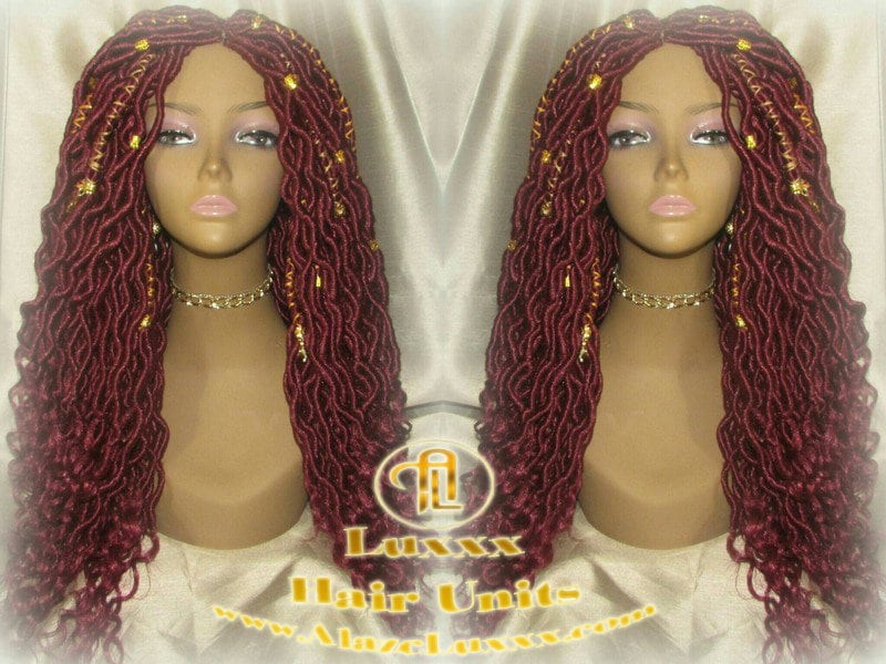 Costume Carnival Festival Hair Wig Rich Red Gold Goddess Faux Loc Braided Wig Gypsy Bohemian Boho Dread DE SE Dred Lock Crochet Braided Wig