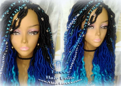 Blue Ombre Goddess Faux Locs Mermaid curly long distressed bohemian braids Natural dreads locs Wig for Black women Gift for women