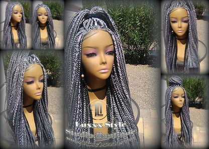 Grey Gray Silver Lace Baby Hair Box Braid 44 51 Wig Storm Long Medium Straight Glueless! Braid Lace Wig Pre Stretched Braiding Hair