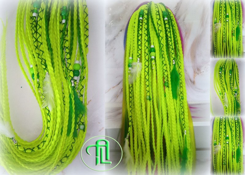 Ponytail Hair Fall Extensions Green Florescent Ombre Elements Accents Feathers synthetic box braids hair scrunchie clip in Clip on Braids