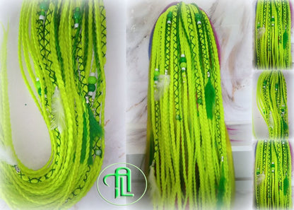 Ponytail Hair Fall Extensions Green Florescent Ombre Elements Accents Feathers synthetic box braids hair scrunchie clip in Clip on Braids