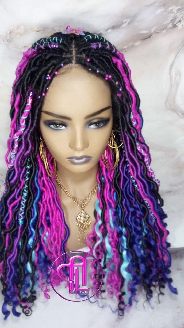 Full Lace Braid Dread Wig Black Blue Pink Purple Ombre Goddess Faux Loc Wig Mermaid long rainbow boho bohemian braids wig