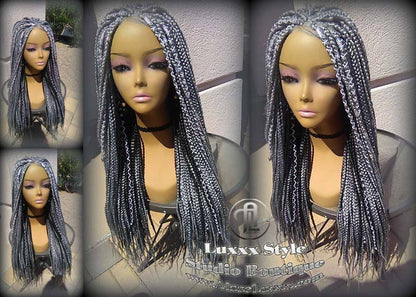Grey Gray Silver Lace Baby Hair Box Braid 44 51 Wig Storm Long Medium Straight Glueless! Braid Lace Wig Pre Stretched Braiding Hair