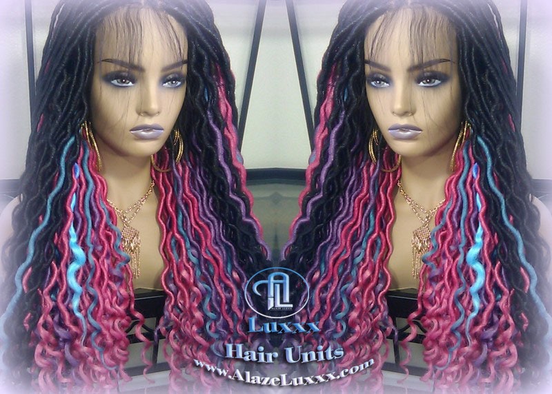 Blue Pink Purple Teal Ombre Goddess Faux Locs Lace Closure w Baby Hairs Faux Loc Wig 4x4 Wig Mermaid long rainbow boho bohemian braids wig