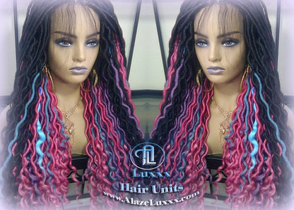 Blue Pink Purple Teal Ombre Goddess Faux Locs Lace Closure w Baby Hairs Faux Loc Wig 4x4 Wig Mermaid long rainbow boho bohemian braids wig