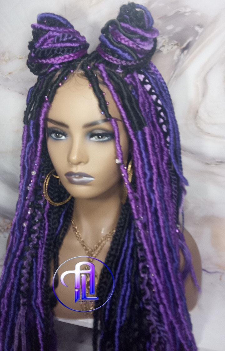 Full Lace Braid Dread Wig Black Purple Ombre Lavendar Goddess Faux Loc Wig Mermaid long rainbow boho bohemian braids wig