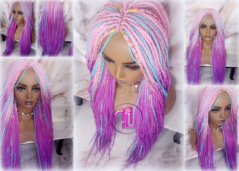 Ombre Pink Purple Blue 24 Inch Long Soft Senegalese Twist Ombre Braids Hair Synthetic Braiding Hair Extension Unicorn accents