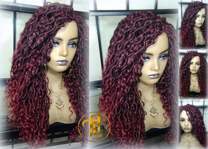 Red 530 Black Mix Goddess Faux Loc Curly Boho Braided Wig Gypsy Bohemian Boho Dread DE SE Dred Lock Hair wig Ready to ship