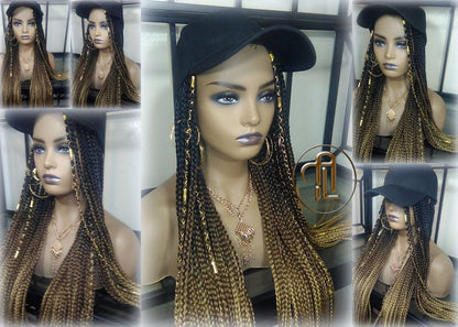 Brown Blonde Ombre Box Braid Hat Wig  Gym Hat Baseball Cap  Braided Hat Wig Women Hair Summer Winter Hat Hair Cap Wig Hat Chemo Hat Alopecia