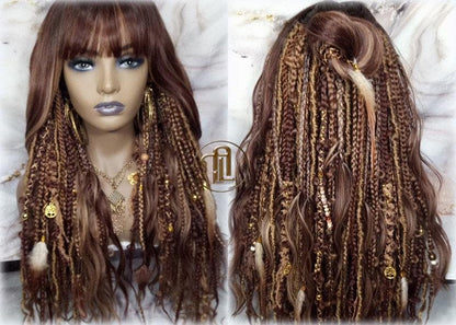 Dread Braid Full Wig Bangs Twist Soft Crochet Boho Synthetic Bohemian Dark Root Ombre Brown Blonde Long Wavy Curly Balayage Wig