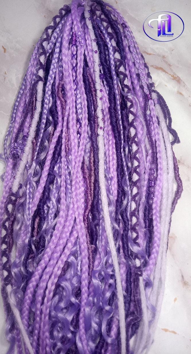 Claw Clip Drawstring Braids Dreads Ponytail Extension Viking Renaissance  Purple Lavender Accents Feathers synthetic clipin Butterfly