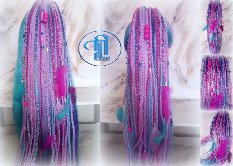 Ponytail Hair Fall Extensions Purple Pink Blue Elements Accents Feathers synthetic box braids hair scrunchie clip in Clip on Braids