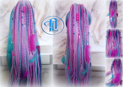 Ponytail Hair Fall Extensions Purple Pink Blue Elements Accents Feathers synthetic box braids hair scrunchie clip in Clip on Braids