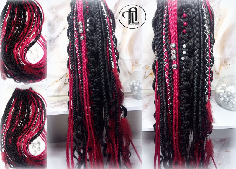 Ponytail Hair Fall Viking Extensions Black Red Elements Accents Feathers synthetic box braids renaissance hair scrunchie kawaii dreadlock