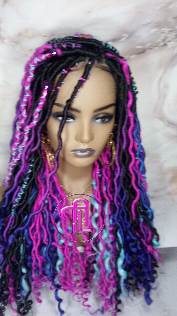Full Lace Braid Dread Wig Black Blue Pink Purple Ombre Goddess Faux Loc Wig Mermaid long rainbow boho bohemian braids wig