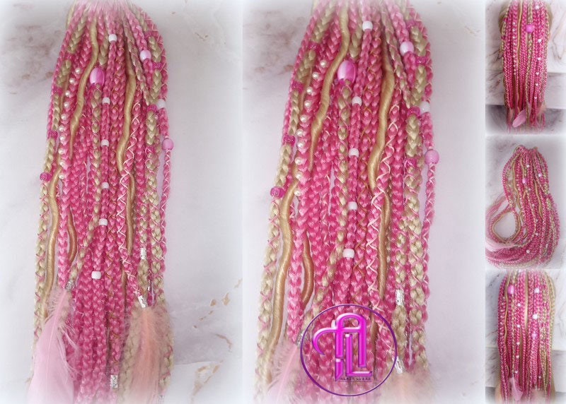 Ponytail Hair Fall Extensions Blonde Pink Ombre Elements Accents Feathers synthetic box braids hair scrunchie clip in Clip on Braids
