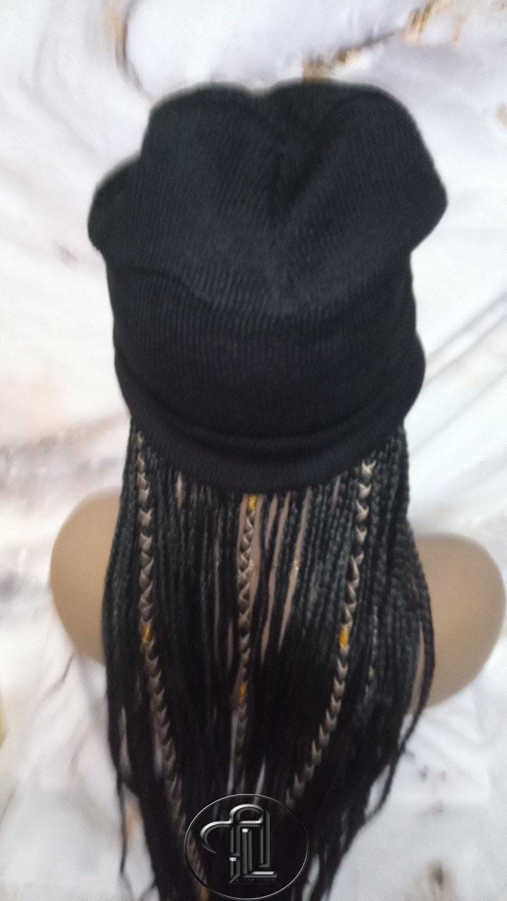 Beanie Hat Black Box Braid Boho Style Long Hat Beanie Braided Hat Winter fall fashion Cap Wig Hat Chemo Hat Alopecia Gold Accents Charms
