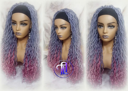 Headband Wig Unicorn Ombre Goddess Boho Locs Purple Pink Faux Locs Crochet Synthetic Dread Curly Ends Braided Hair Fall